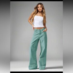 MISSGUIDED Wide Leg Jeans Y2K Style High Waisted Pastel Green Cotton Denim Pant‎